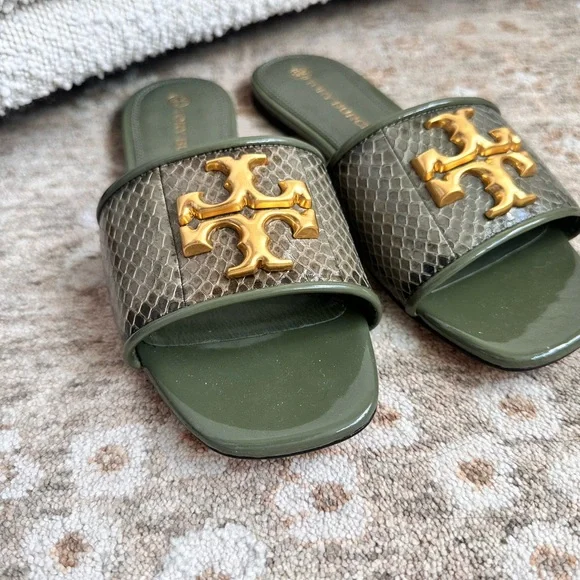 Tory Burch Green Slides with Gold Emblem - Picture 2 of 5
